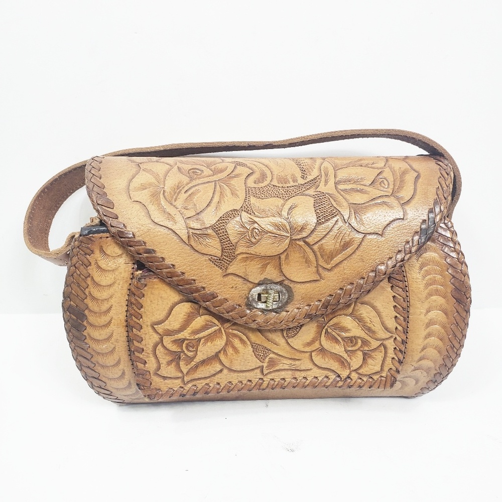 Vintage 60s 70s  Leather Tooled Handbag with Flowe
